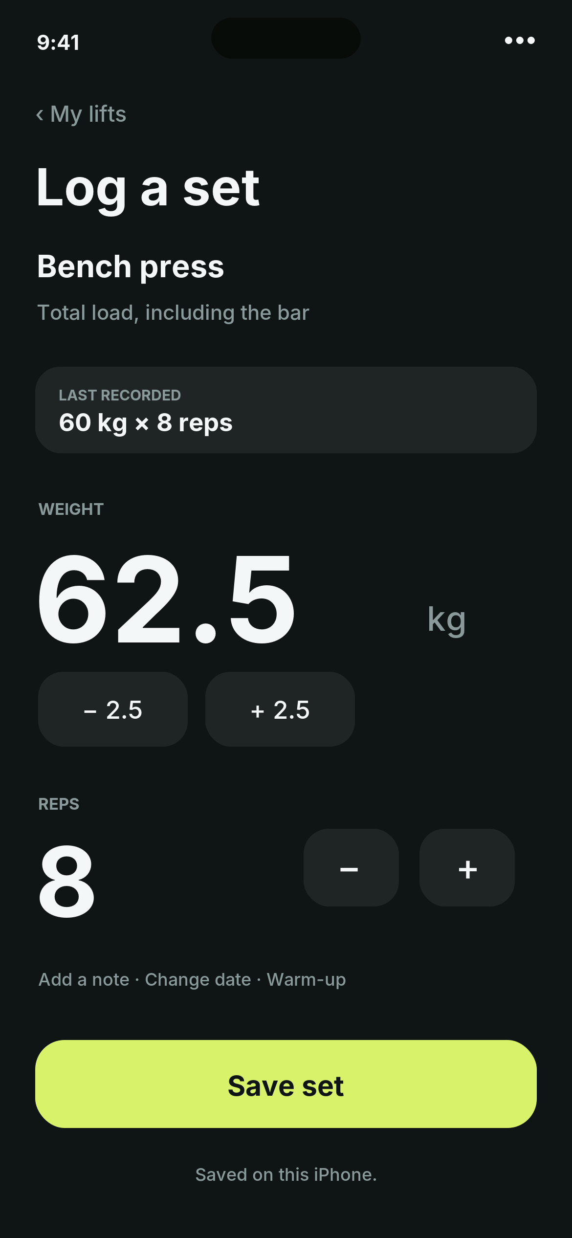 Barlo Log a set concept: a bench press draft of 62.5 kilograms for 8 reps, alongside the last recorded set. Sample data.