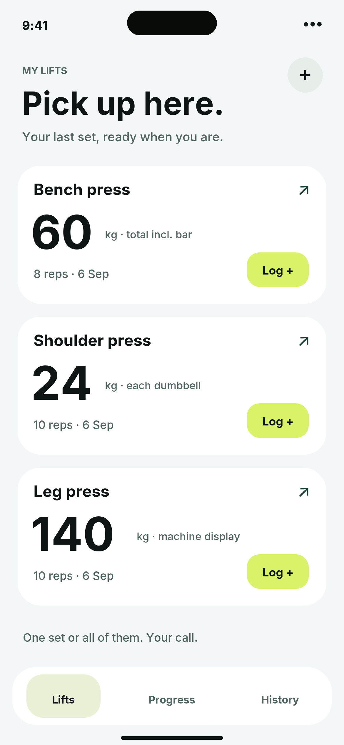 Barlo Lifts concept: last recorded weights and reps for a barbell, dumbbells and a machine. Sample data.